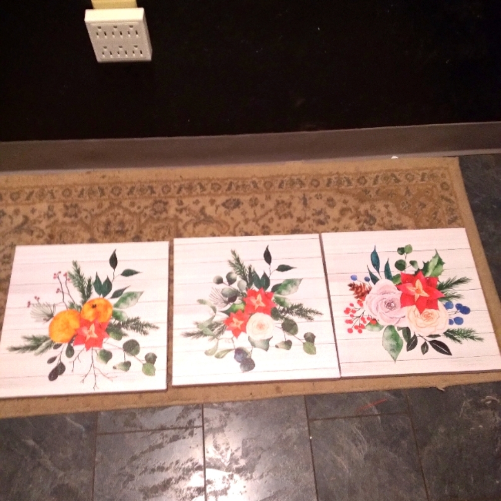 Three floral painted canvases 12x12
